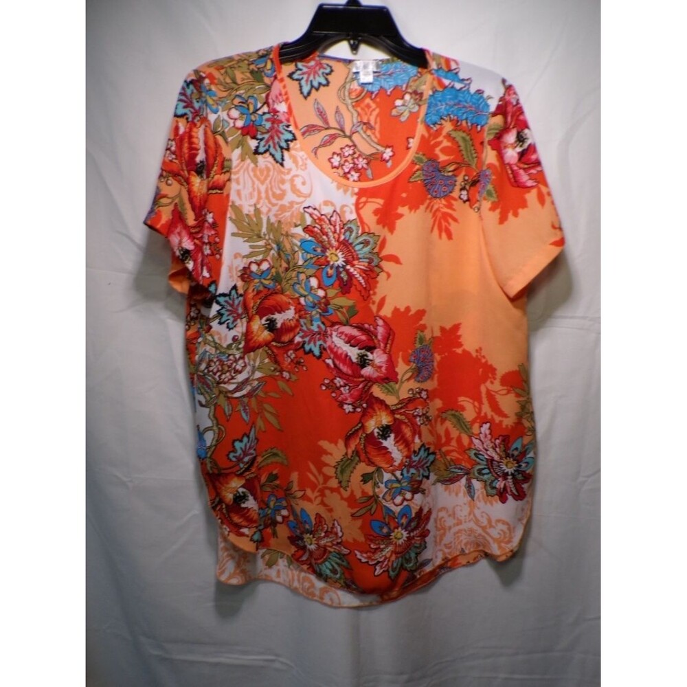 SPENSI Women's L Floral Blouse Orange Multicolor Short Sleeve Tunic Top